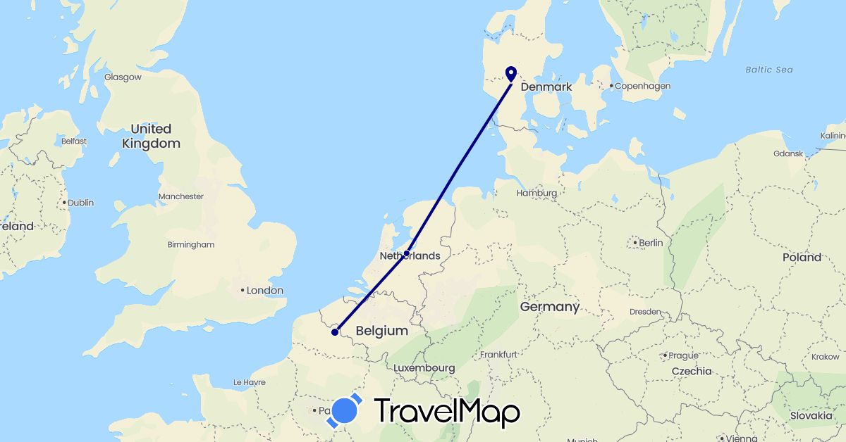 TravelMap itinerary: driving in Denmark, France, Netherlands (Europe)